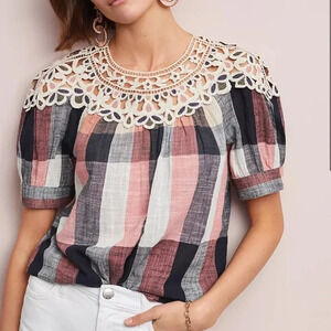Anthropologie Plaid Boho Crochet Embroidered Cotton Peasant Swing Blouse Size S
